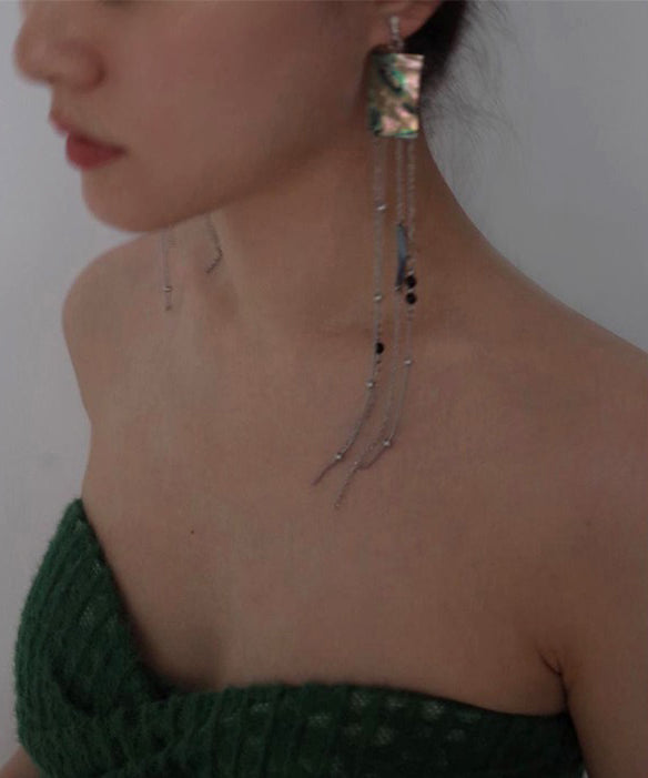 Chinese Style Silk Alloy Square Shell Beading Tassel Drop Earrings