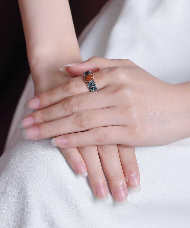 Retro Silk Sterling Silver Inlaid Agate Floral Rings