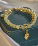 Beautiful Green 18K Gold Inlaid Jade Zircon Leaf Charm Bracelet
