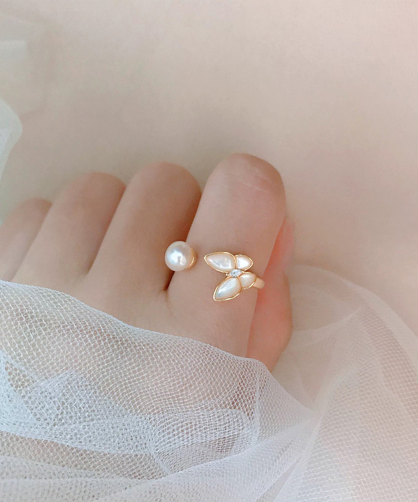 French Gold Copper Overgild Pearl Butterfly Open Rings