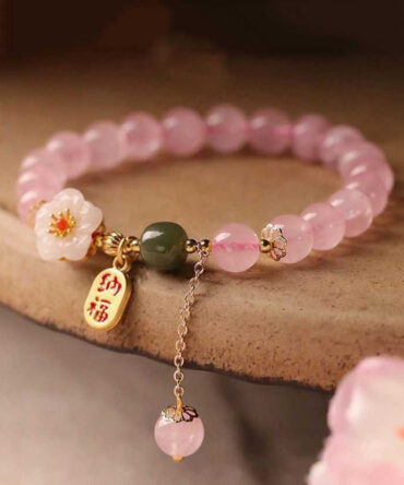 Cute Pink Sterling Silver Alloy Crystal Peach Blossom Charm Bracelet