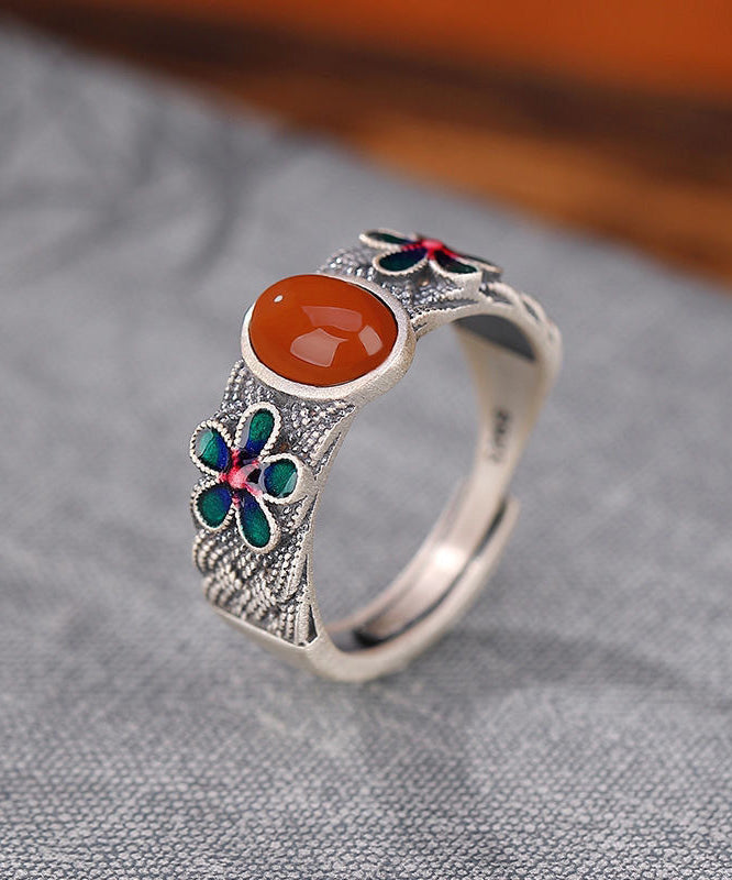 Retro Silk Sterling Silver Inlaid Agate Floral Rings