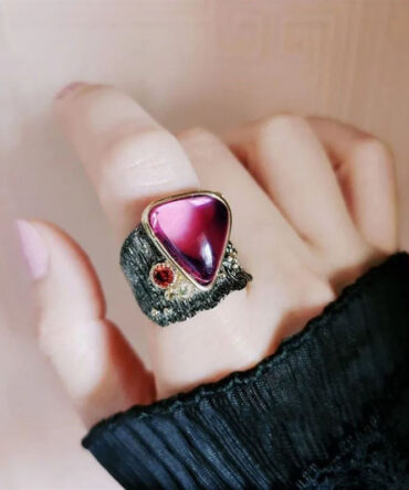 Boho Purple Sterling Silver Overgild Gem Stone Rose Rock Sugar Rings