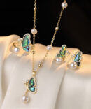 New Gold Copper Overgild Zircon Pearl Butterfly Pendant Necklace,Rings And Drop Earrings Three-Piece Set
