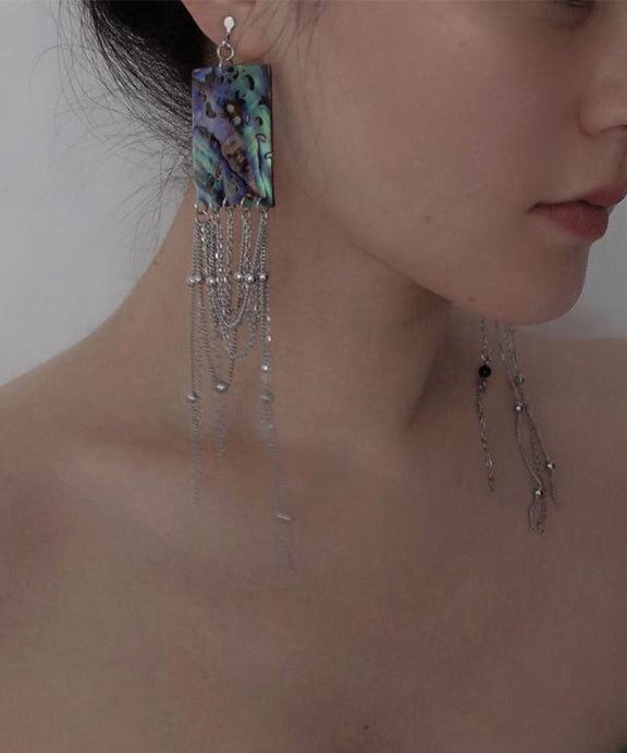 Chinese Style Silk Alloy Square Shell Beading Tassel Drop Earrings