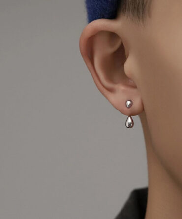 Fine Men Silk Sterling Silver Water Drop Stud Earrings