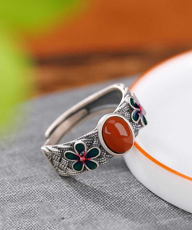 Retro Silk Sterling Silver Inlaid Agate Floral Rings