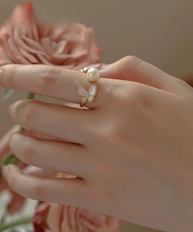 French Gold Copper Overgild Pearl Butterfly Open Rings