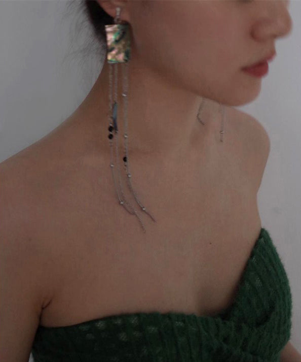 Chinese Style Silk Alloy Square Shell Beading Tassel Drop Earrings