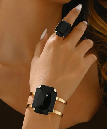 Casual Black Metal Alloy Square Gem Stone Cuff And Rings Two-Piece Set