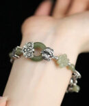 Retro Silk Sterling Silver Jade Lotus Flower Charm Bracelet