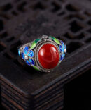 Retro Red Sterling Silver Agate Cloisonne Rings