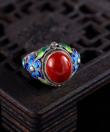 Retro Red Sterling Silver Agate Cloisonne Rings