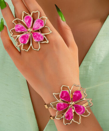 Original Design Pink Alloy Drip Glaze Floral Cuff And Rings Two-Piece Set