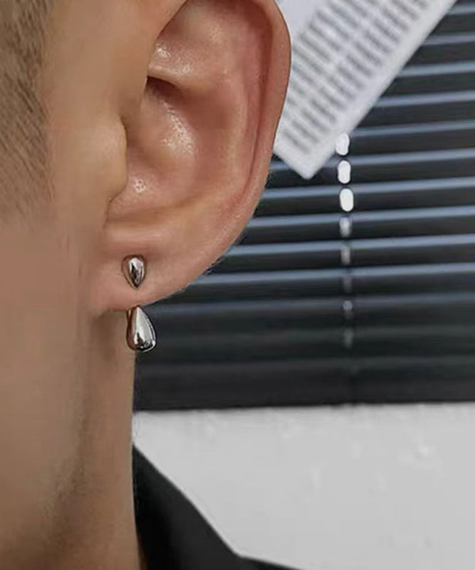 Fine Men Silk Sterling Silver Water Drop Stud Earrings