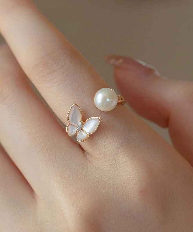 French Gold Copper Overgild Pearl Butterfly Open Rings